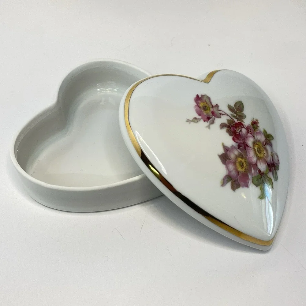 Vintage Heart Trinket Box Pink Flowers West Germany Gerold Porzellan‎